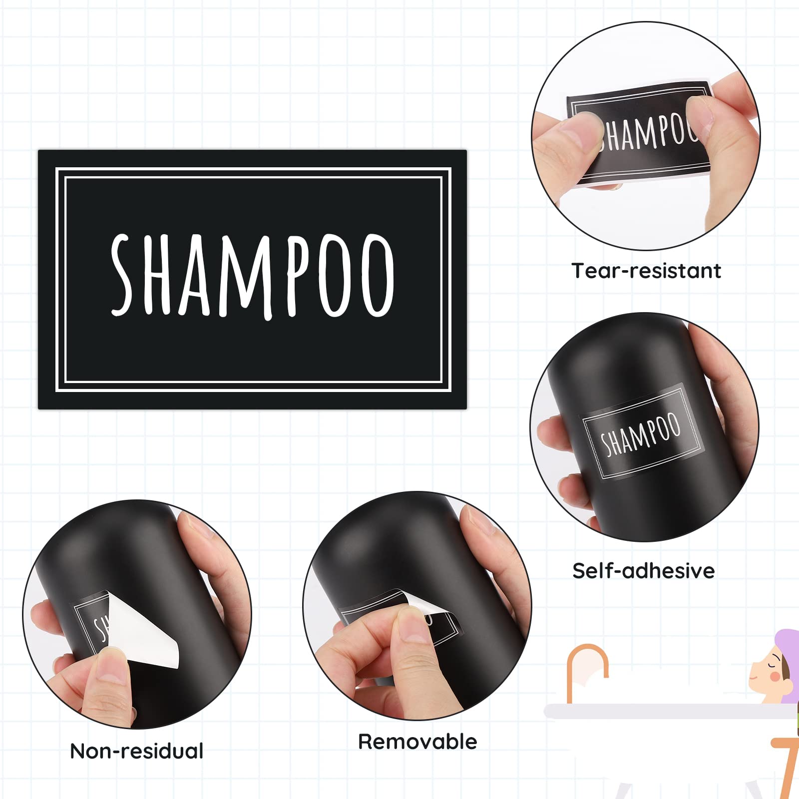 Segbeauty 36Pcs Black Waterproof Labels, Self-Adhesive Bathroom Labels For Organizing, Removable Printed Shampoo Conditioner Bod